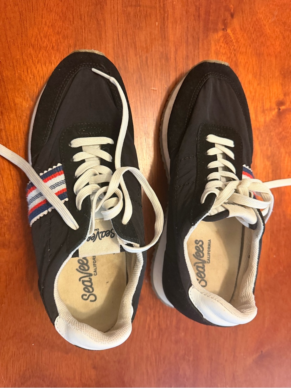 SeaVees Women’s Black Retro Runner with Red-White-Blue Stripe
